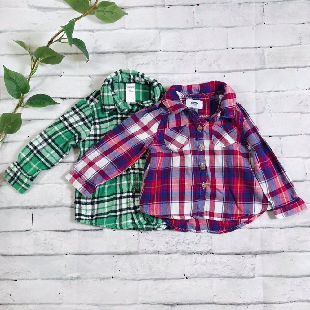 Carter's & Old Navy Shirt Bundle Plaid Long Sleeve 18 Month Toddler Boy Shirts